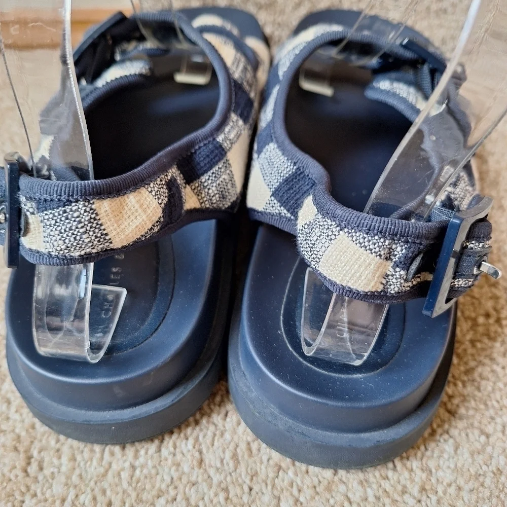 Charles And Keith Womens Navy/Cream Gingham Platform Buckle Sandals Size 41